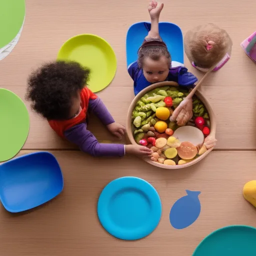 

Une image montrant un enfant assis à une table, entouré de plusieurs aliments sains et colorés, avec des couverts et un tablier. L'image illustre la diversification