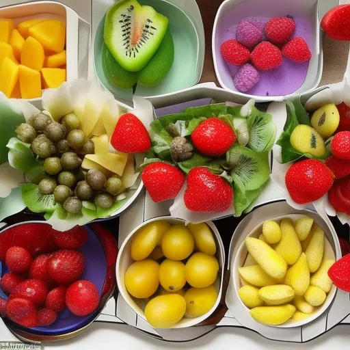 

Une image d'un buffet froid varié et coloré composé de plats sains et adaptés aux goûts des enfants, avec des fruits, des légumes, des produits l